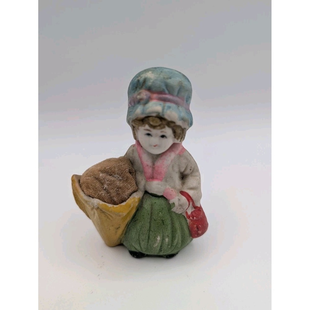 Vntg Hand Painted Bisque Girl Umbrella Pin Cushion Figurine Made in Japan 1940s